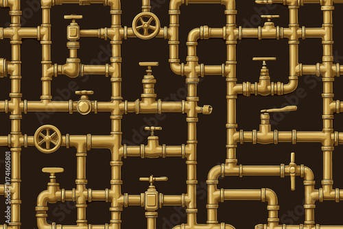 Pipings and valves create intricate patterns in a golden color scheme on a dark background