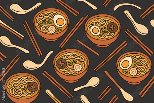 Colorful patterns of bowls filled with noodle soup featuring egg and vegetables on a dark background