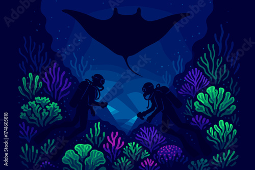 Diving explorers illuminate coral reef while manta ray glides above during nighttime adventure