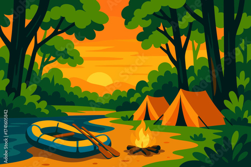Scenic campsite by the river with tents, fire, and kayak at sunset