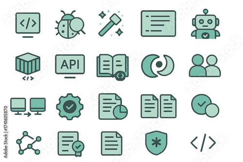 Collection of technology and programming icons representing coding, data management, and artificial intelligence concepts