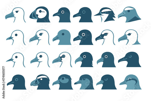 Bird heads in various styles showcasing different species in a creative and colorful arrangement