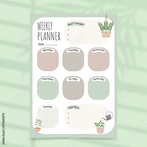 Cute Botanical Weekly Planner Template with Pastel Colors for Daily Organization, Tasks, and Notes
