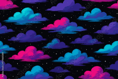Colorful clouds float across a dark starry sky, creating a dreamy nighttime scene in vibrant colors