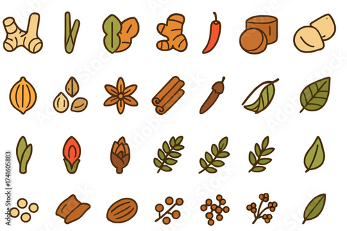 Colorful collection of spice and herb illustrations featuring various ingredients and plants
