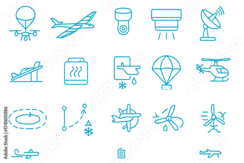Collection of simple blue icons representing various aspects of aviation and flight activities