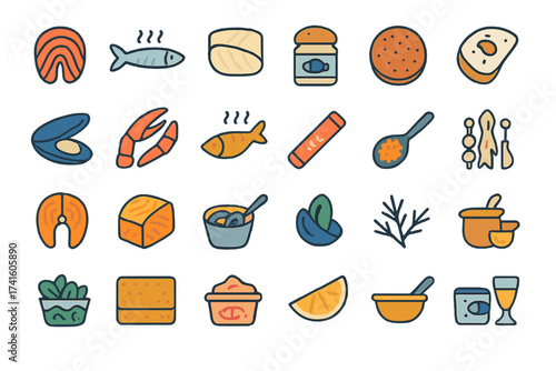 Colorful collection of seafood and cooking ingredients featuring fish, shellfish, and condiments on a white background