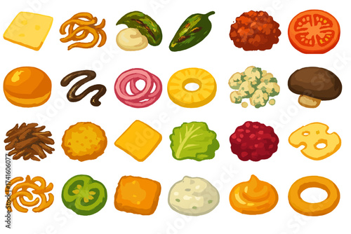 Selection of colorful food toppings arranged in a grid, showcasing various ingredients used for creating dishes