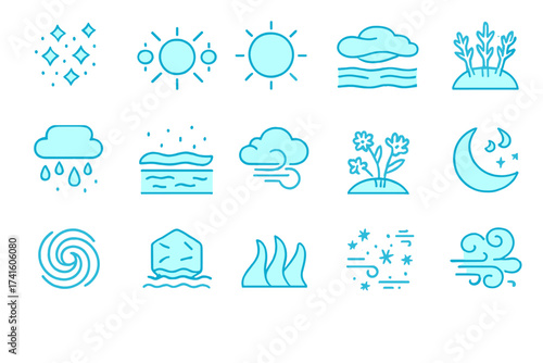 Weather symbols representing different atmospheric conditions and elements in a simple design style
