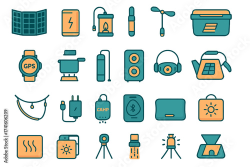 Collection of camping and outdoor adventure icons representing essential tools and equipment for an unforgettable experience