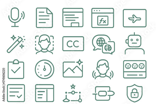 Icons representing various digital tools and concepts for communication, technology, and creativity in a modern design layout