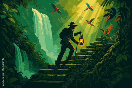 Hiker climbs ancient steps in a vibrant jungle illuminated by sunlight and surrounded by colorful birds