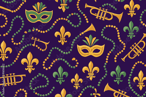 Colorful Mardi Gras pattern featuring masks, beads, and trumpets in vibrant shades and designs