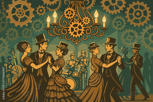 Elegant steampunk ballroom dance in a vintage setting with musicians and gears in the background