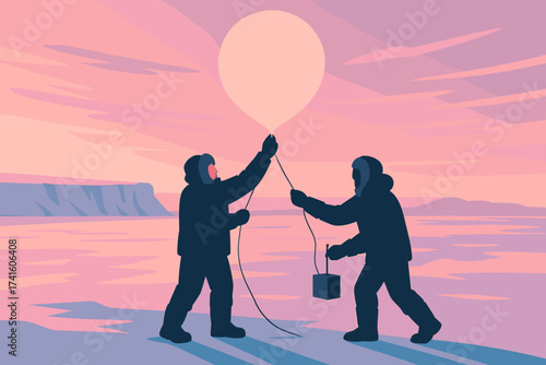 Two scientists prepare a weather balloon for launch in a polar landscape during twilight hours