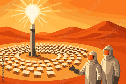Scientists discuss solar energy at a futuristic power plant in a desert setting