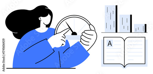 Woman holding and adjusting speedometer, bar chart for performance metrics, and open book for study. Ideal for education, performance analysis, self-improvement, data, business, productivity