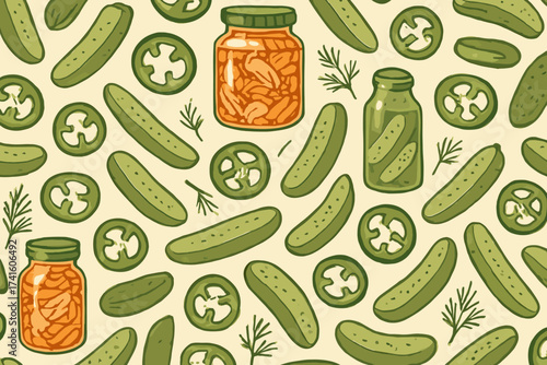 Colorful pattern of pickles and jars on a light background, showcasing a vibrant display of food preparation and preservation