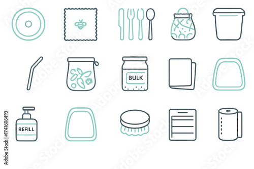 Various empty containers and reuse items for sustainable living practices in a kitchen setting