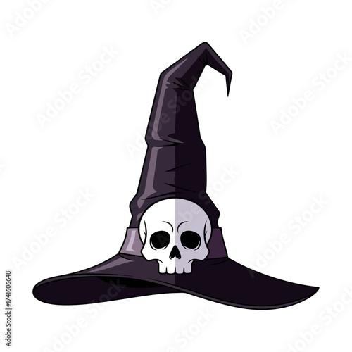 A spooky black witch hat adorned with a white skull emblem.