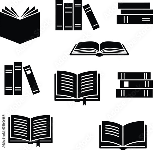 Collection of black silhouette icons of open and closed books