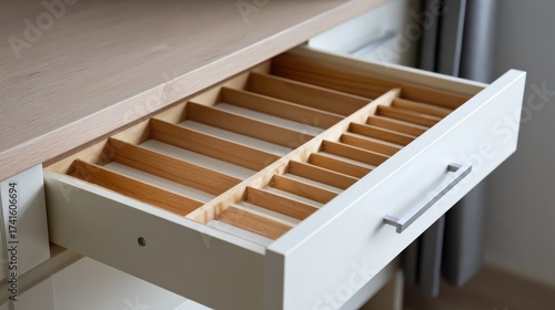 Modern kitchen drawer with organized compartments and light wooden finish