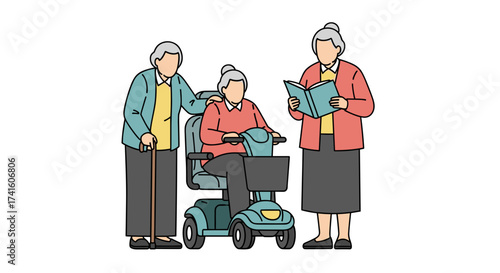 Caring community of senior women enjoying retirement, friendship, and life together, empowering aging and companionship, originally created as a vector graphic