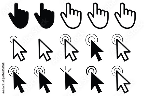 A diverse collection of computer cursor icons and hand pointers representing digital interaction and navigation elements