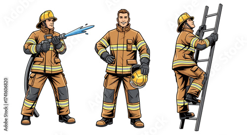 Brave firefighters in action rescuing lives with modern safety gear and equipment, showcasing strength and dedication to public safety