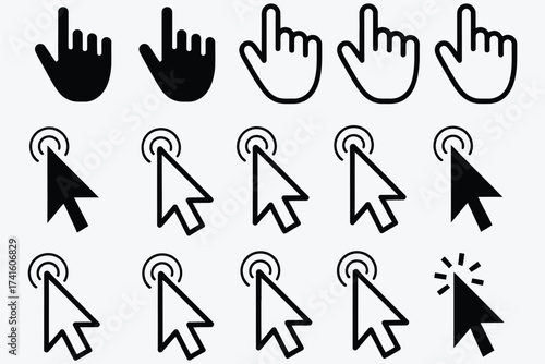 A comprehensive collection of pixel and vector computer cursor icons, featuring hand and arrow pointers for web navigation and user interface design