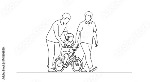 Heartwarming family moment two fathers teaching child to ride bike, fostering love and joyful childhood memories, a modern parenting illustration
