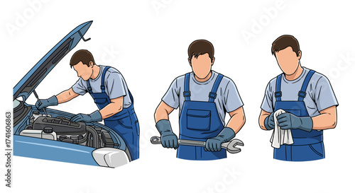 Reliable mechanic performing car maintenance with expert skill, offering professional automotive service and repair, originally created as scalable vector