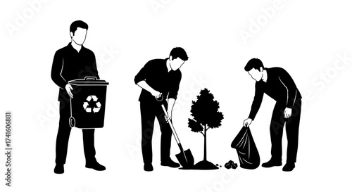 Inspiring community cleanup volunteers planting trees and collecting trash for a healthier planet, supporting environmental sustainability initiatives