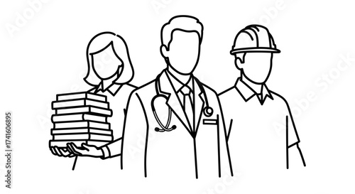 Essential workers line art illustration showing doctor, construction worker, and teacher standing together, representing community and labor