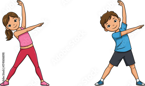 Children stretching exercise, kids side stretch, physical activity, flexibility training, fitness routine, healthy lifestyle, child workout, school exercise, fun activity, wellness