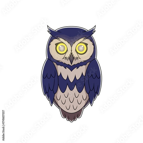 Cartoon owl with glowing eyes and dark blue feathers staring intently.