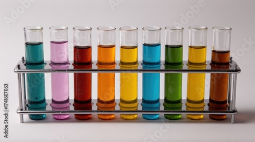 Vibrant scientific experiment with colorful test tubes displayed on rack