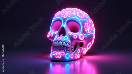 Glowing neon sugar skull 3D render in pink cyan and purple futuristic cyberpunk background Mexican holiday digital concept art