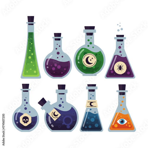 Collection of Colorful Magic Potions in Various Bottle Shapes.