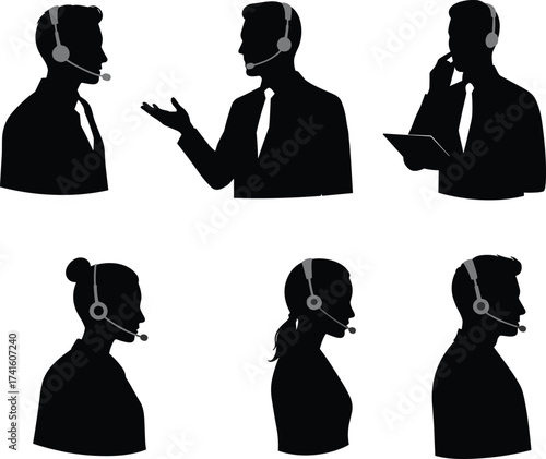 Customer service silhouette, call center representative, support agent headset, communication design, technical support art, business teamwork illustration