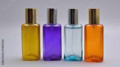 Colorful bottles of various shapes and sizes for cosmetics or fragrance display