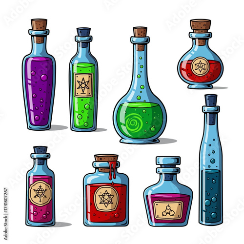 Collection of colorful magic potion bottles with corks and labels.