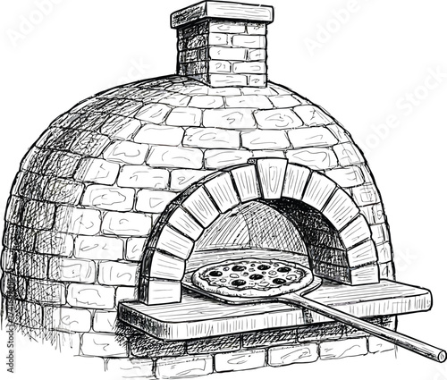 Hand drawn sketch of a traditional stone pizza oven with pizza peel