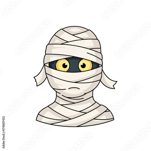 Cute cartoon mummy head with sad yellow eyes illustration.