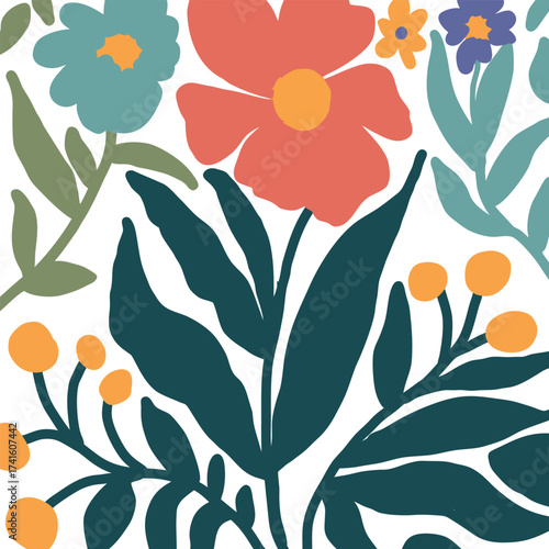 Abstract floral pattern with bold colors and shapes. A lively and colorful abstract floral pattern featuring large, stylized flowers and lush green leaves on a white background..