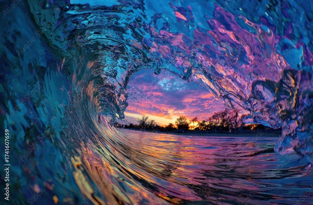 Fototapeta premium Inside a curling wave, vibrant sky peeks through. Water reflects sunset colors