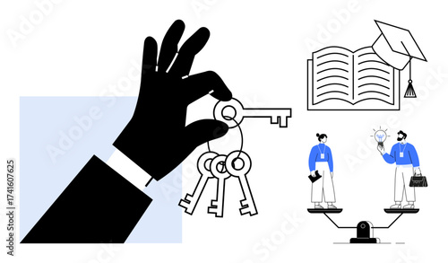 Hand holding keys symbolizes opportunity and choice. Open book with graduation cap and characters on balanced scales emphasize education, career, and equality. Ideal for knowledge, success