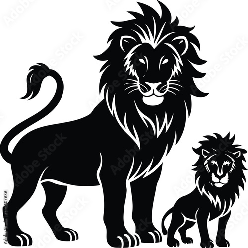 Lion's Pride: A strong black lion and lion cub illustration. Illustrating a powerful family unit and symbol of strength, depicted with a stark aesthetic 