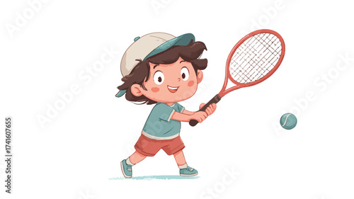 Cute Boy Swinging Tennis Racket Cartoon Vector Illustration