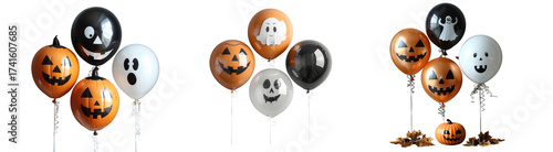 Three bunches of halloween balloons featuring pumpkins and ghosts, isolated on transparent background